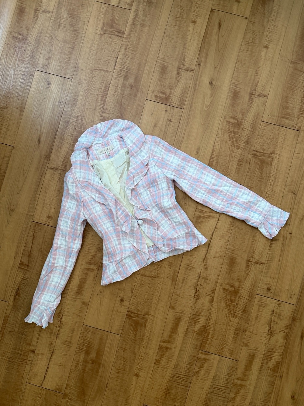 Brand New Vintage Tailored Tweed Walter Pastel Pink & Blue Plaid Crop Jacket 2